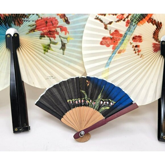 Vintage Asian Paper & Bamboo Hand Fans Set With Bird & Floral Designs je186 - Picture 4 of 12